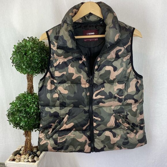 Ci Sono Green & Black Camouflage Print Zip Up Sleeveless Puffer Vest L - Picture 1 of 3